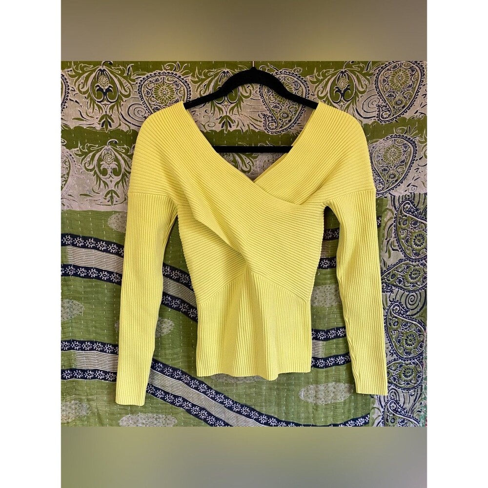 The Fold Lemon Yellow Criss Cross Ribbed Long Sleeve Top Size Small Loud Luxury - Picture 10 of 14